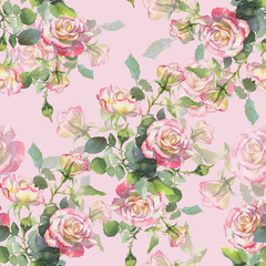 Pink and white roses, buds and blossoms hand-painted in watercolor pattern for printing on fabric, for printing on paper for packaging or for wedding invitations.