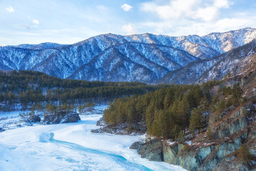 Winter landscape. Katun river in Altai on a day. Russia