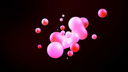 Spheres or balls merge like liquid wax drops or metaballs in-air. Liquid gradient of red colors on beautiful drops with glow, scattering light inside. 3d render. 10