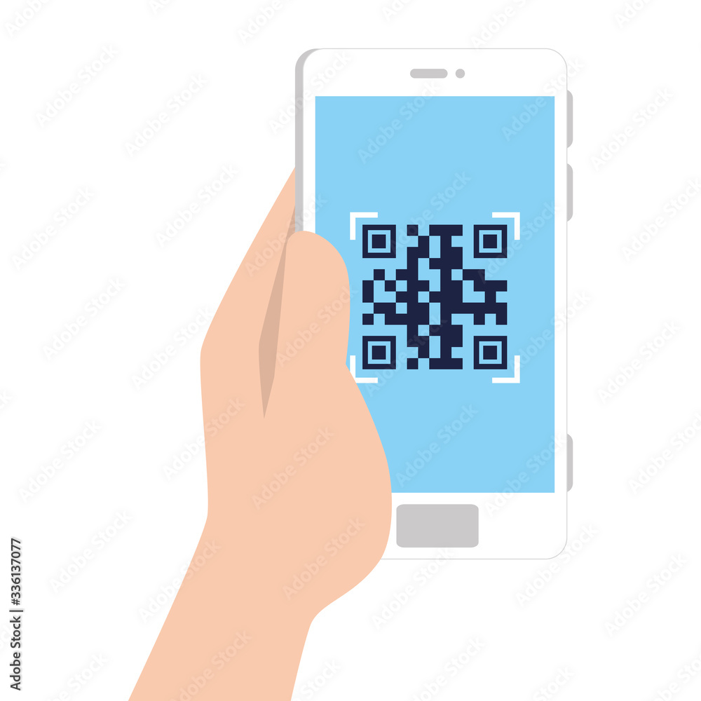 Poster hand and qr code inside smartphone design of technology scan information business price communicatio