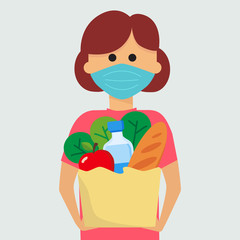 online safe delivery service, courier delivery grocery order to the home of customer with mask, vector illustration
