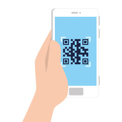 hand and qr code inside smartphone design of technology scan information business price communication barcode digital and data theme Vector illustration