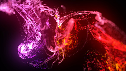 injection of fluorescent ink in water isolated on black background. 3d render of glow particles or sparks like shiny magic spell. Fantastic background for festive event. Red purple mix 18