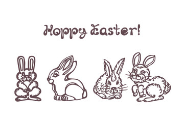 Set of Easter hand drawn rabbits with handwritten text