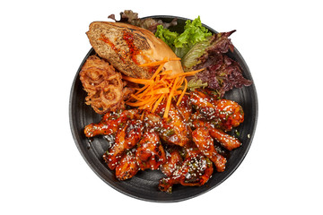 Spicy Buffalo Wings With Bread and Fried Onions Isolated                                                       