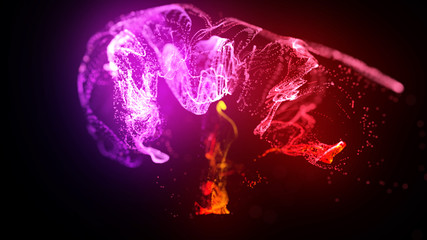 injection of fluorescent ink in water isolated on black background. 3d render of glow particles or sparks like shiny magic spell. Fantastic background for festive event. Red purple mix 20