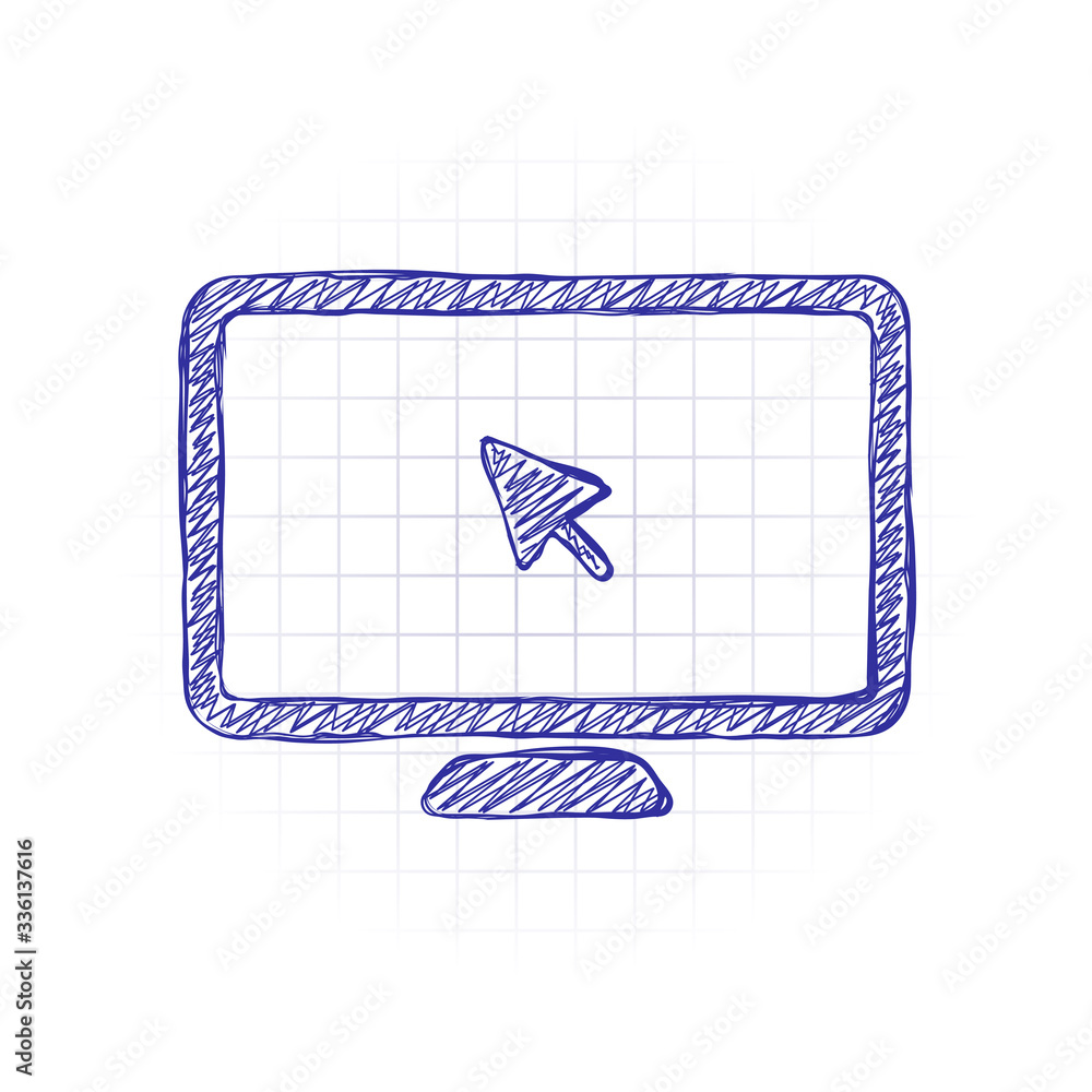 Poster desktop computer and mouse arrow. simple digital icon. hand drawn sketched picture with scribble fil