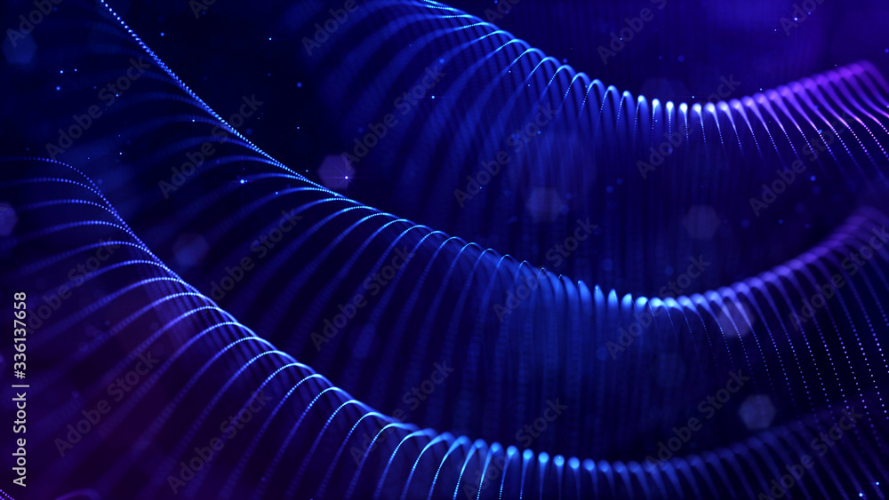 Poster abstract sci-fi background with glow particles form curved lines, surfaces, hologram structures or v