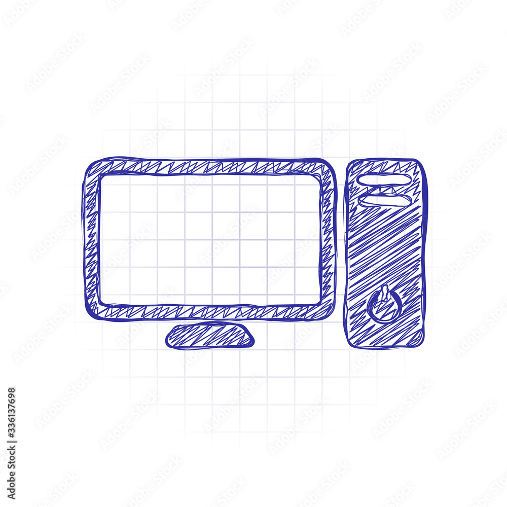 Poster personal computer, pc. system unit and monitor. hand drawn sketched picture with scribble fill. blue