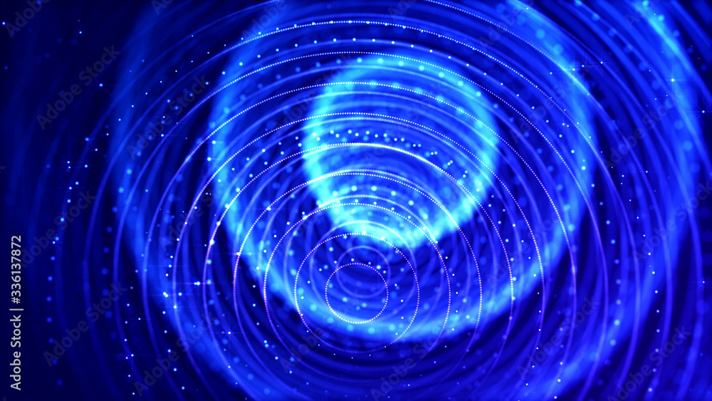 Poster abstract sci-fi background with glow particles form curved lines, surfaces, hologram structures or v