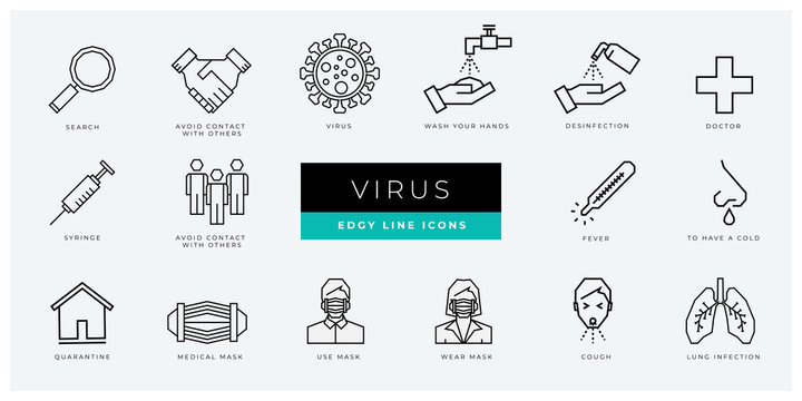 Virus and Medical icon set - minimal thin outline, web icon and symbol collection - virus, corona, corpid, desinfection, doctor, contact, fever, lung, mask, quarantine. Simple edgy vector illustration