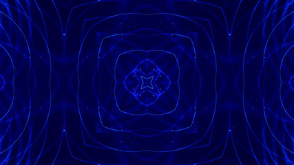 abstract sci-fi background with glow particles form curved lines, surfaces, hologram structures or virtual digital space. Blue motion design background with symmetrical pattern.