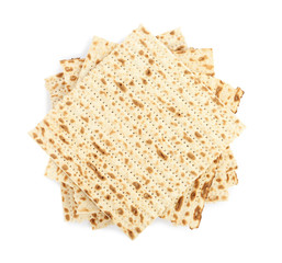 Passover matzos isolated on white, top view. Pesach celebration