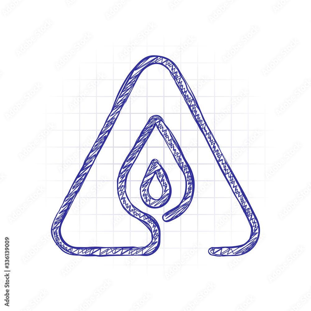 Poster fire flame in warning triangle. linear symbol with thin outline. one line style. simple icon. hand d