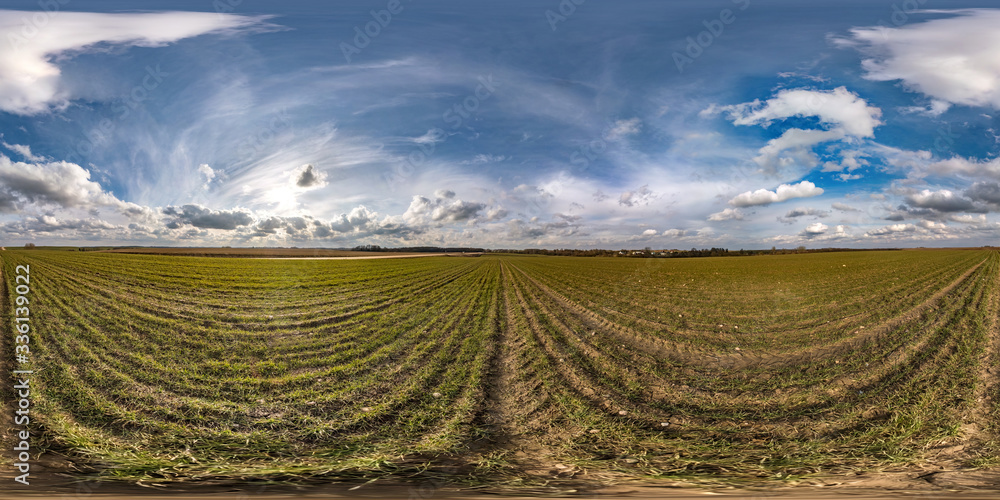 Wall mural full seamless spherical hdri panorama 360 degrees angle view on among fields in spring day with awes