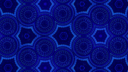 Blue motion design background with symmetrical floral pattern. Abstract sci-fi background with glow particles form curved lines, surfaces, hologram or virtual digital space. Triangular structure 54