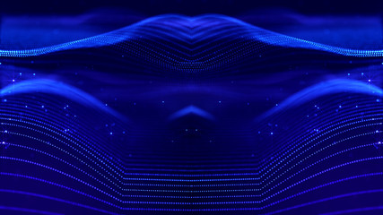 Blue motion design background with symmetrical pattern. Abstract sci-fi background with glow particles form curved lines, strings, surfaces, hologram or virtual digital space. Mirror 3d structure 29