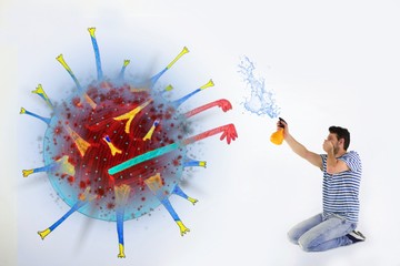 An infectious virus is attacking. MAN SPREYS DESINFECTION FOR VIRUS.Stay at home. The virus reaches...