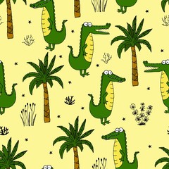 Seamless pattern with a cute green crocodile with palms and grasses. Vector illustration for printing on fabric, packaging paper, Wallpaper. Cute children's background..