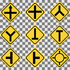 Road sign, road marking on yellov background vector illustration