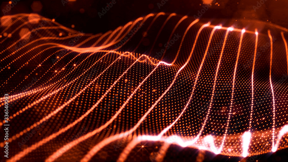 Poster abstract sci-fi background with glow particles form curved lines, surfaces, hologram structures or v