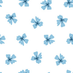 Plakat Blue flowers vector seamless pattern. Abstract stylistic flowers on white background. Floral textile, wrapping paper, wallpaper, surface pattern, interior design.
