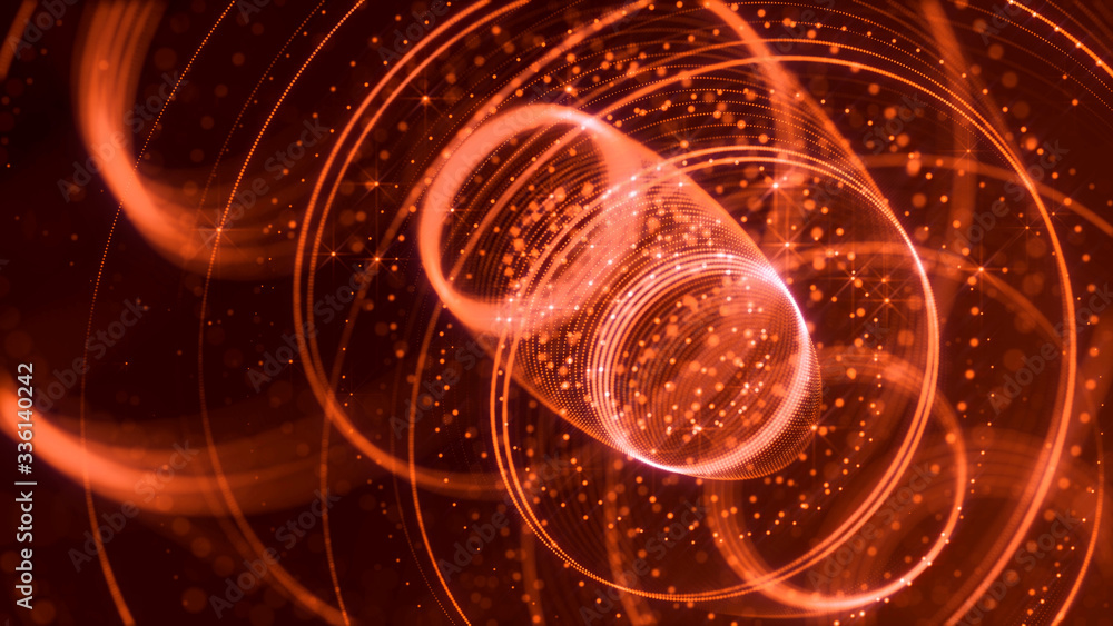 Poster abstract sci-fi background with glow particles form curved lines, surfaces, hologram structures or v
