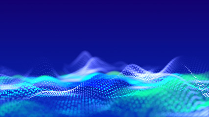 abstract blue background of glow particles form lines, surfaces as futuristic landscape in cyberspace or hologram. Sci-fi theme of microworld, nanotechnology or cosmic space. Depth of field bokeh 14