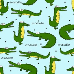 Obraz premium Seamless pattern with a cute green crocodile.Vector illustration for printing on fabric, packaging paper, Wallpaper. Cute children's background. 