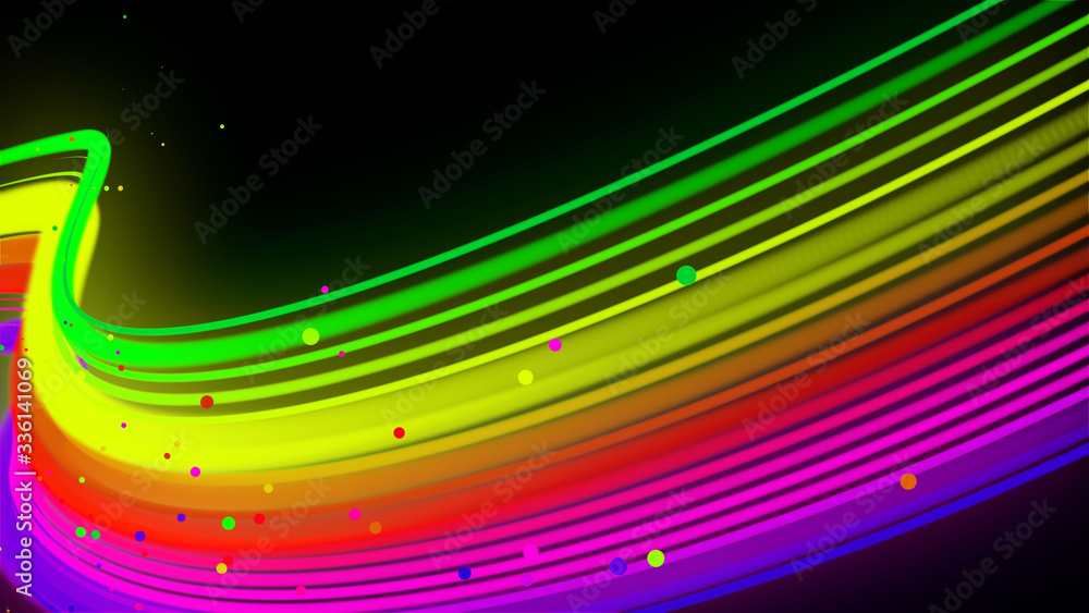 Poster rainbow color neon curved lines form ribbon. 3d abstract creative background like glow ribbon with p
