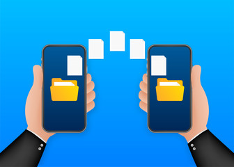 Data image file transfer between device smartphone. File transfer copy files data sheet exchange concept. Vector stock illustration.