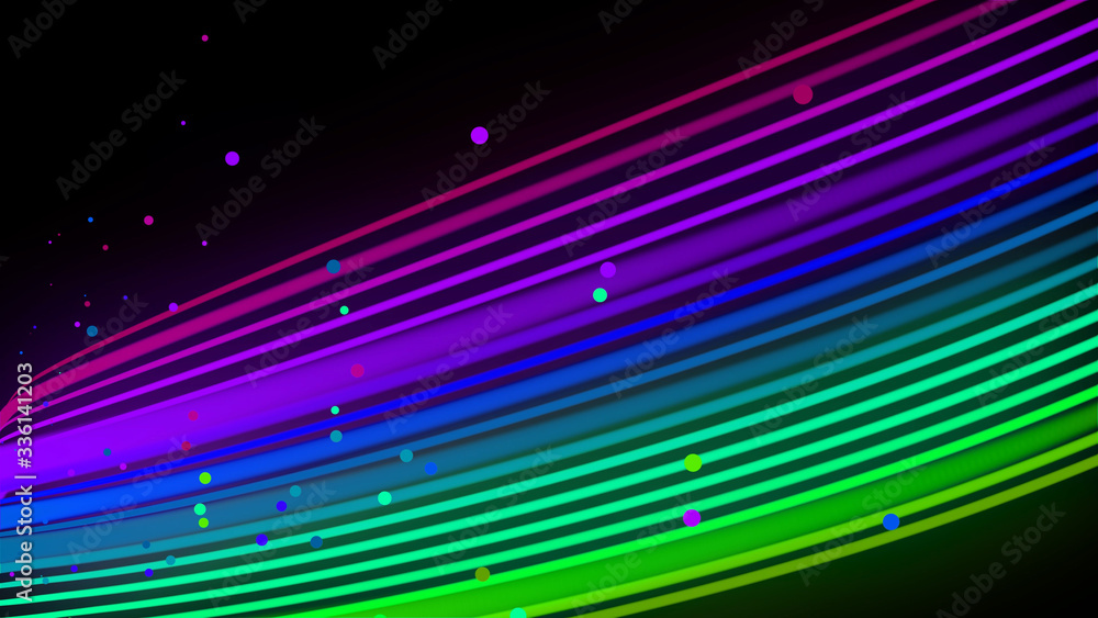 Poster rainbow color neon curved lines form ribbon. 3d abstract creative background like glow ribbon with p