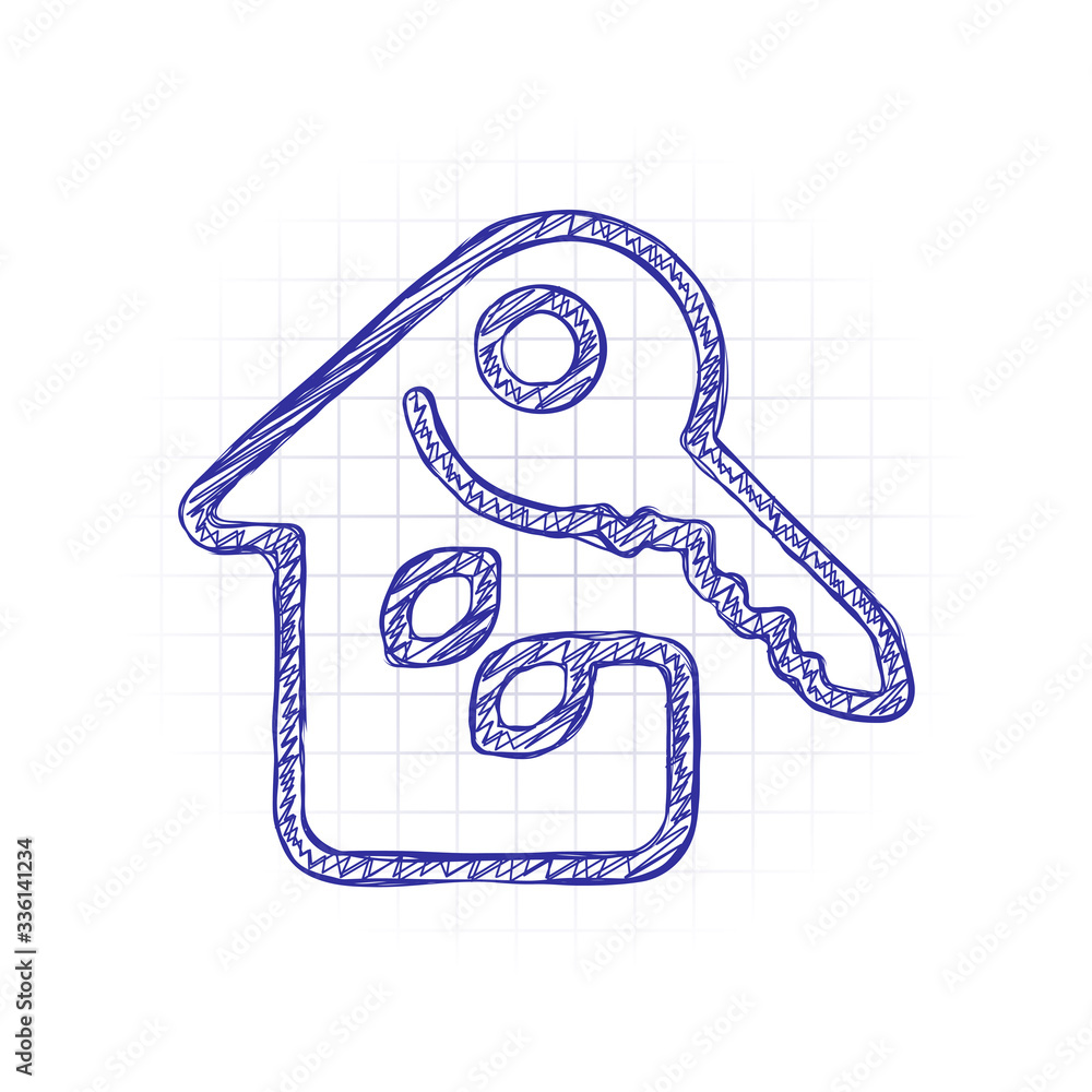 Poster eco house with key. linear icon with thin outline. one line style. hand drawn sketched picture with 