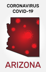 Map of Arizona state and coronavirus infection. Concept of disease outbreak with microbe cell symbols. Vector illustration