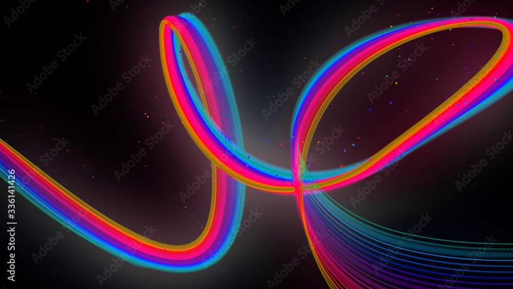 Poster rainbow color neon curved lines form ribbon. 3d abstract creative background like glow ribbon with p