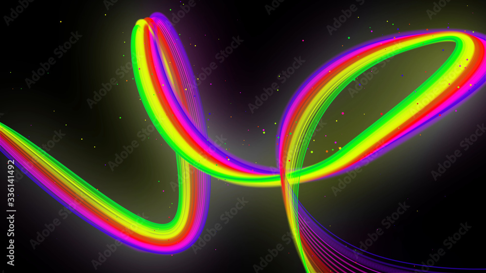 Poster rainbow color neon curved lines form ribbon. 3d abstract creative background like glow ribbon with p