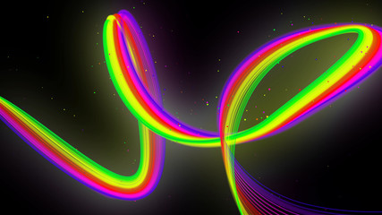 rainbow color neon curved lines form ribbon. 3d abstract creative background like glow ribbon with particles isolated on black background.