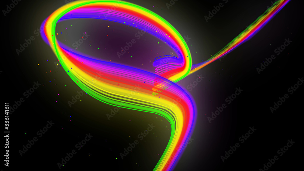 Poster rainbow color neon curved lines form ribbon. 3d abstract creative background like glow ribbon with p