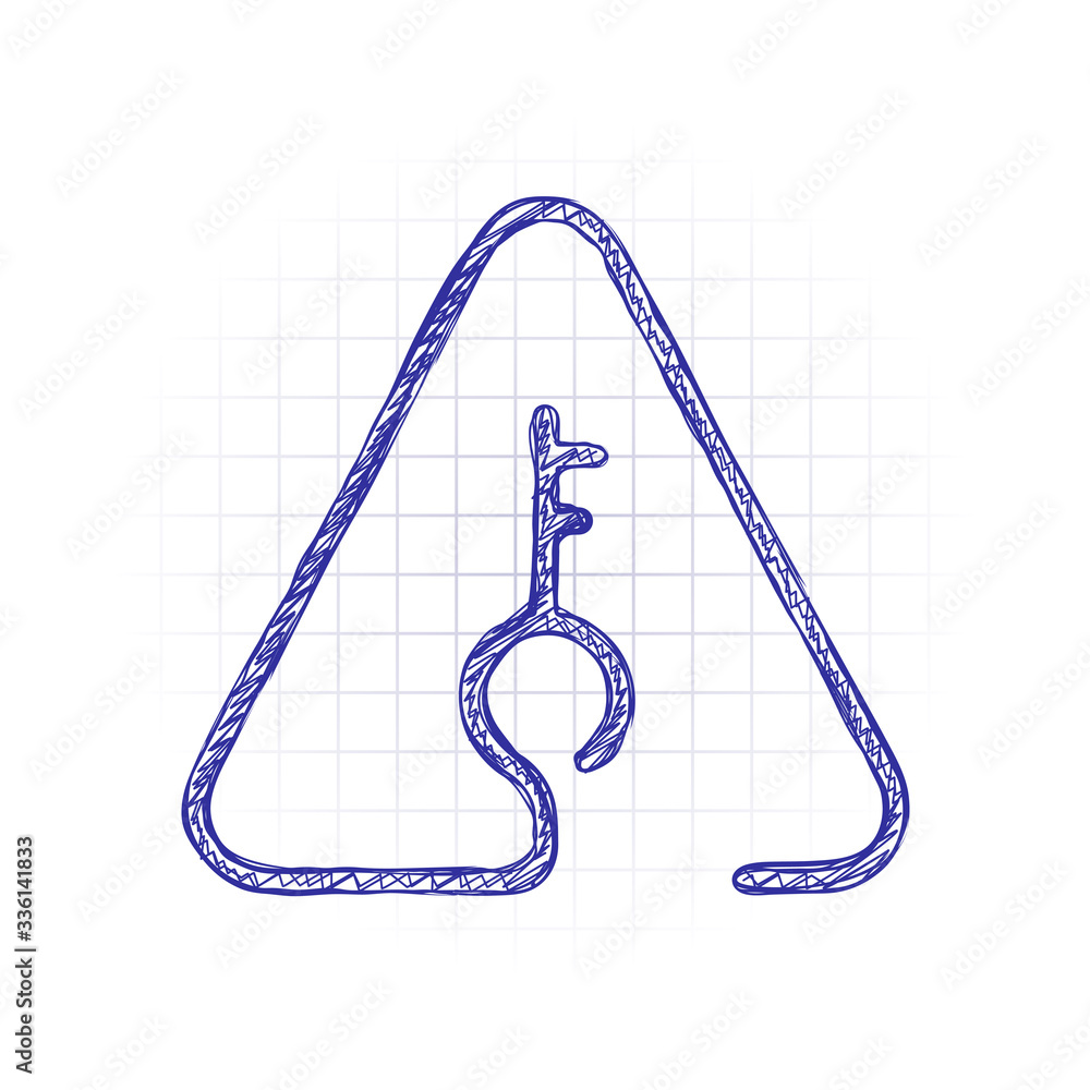Poster key in warning triangle. linear icon with thin outline. one line style. hand drawn sketched picture 