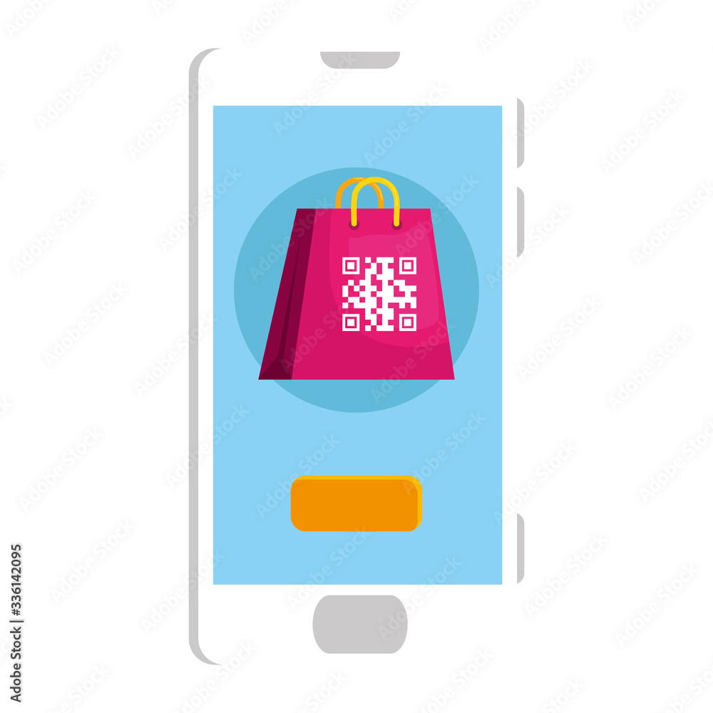 Poster qr code inside smartphone and bag design of technology scan information business price communication