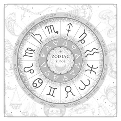 Astrology wheel with zodiac signs on constellation map background. Realistic illustration of  zodiac signs. Horoscope vector illustration