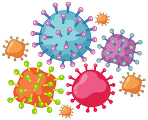 Many virus cell with scary face on white background