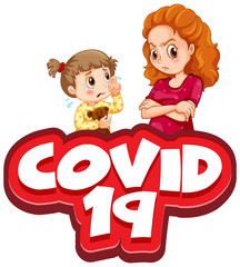 Font design for word covid 19 with kid crying