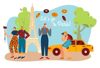 Tourism travel to Paris, frenchman mime with Eifel towel and tourists take photo of France culture symbols and architecture landscape cartoon vector illustration. French travelling to Europe.