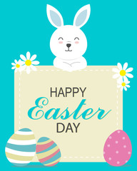 Easter greeting card. Rabbit with poster. Space for text