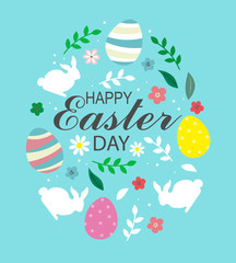 Easter greeting card. Card with flowers, rabbit and easter eggs.