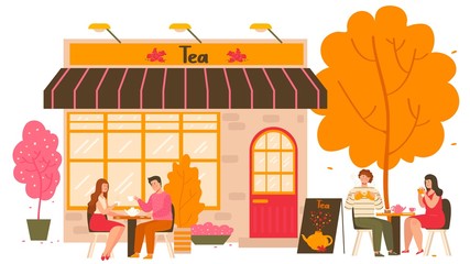 Obraz premium Tea house in autumn city with tables outdoors and people drinking hot tea with teapot and teacups cartoon vector illustration. Tea shop degustation of green, chinese, matcha sorts of drink.