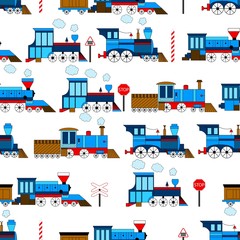 Seamless vector vintage funny train on a blue background. Print for fabric and paper