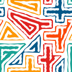 Bright ethnic seamless pattern. Tribal style surface print. Repeated irregular geometric shapes ornament. Maze motif