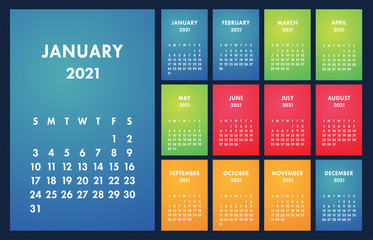 Calendar 2021 vector basic grid. Simple design template. English wall calender